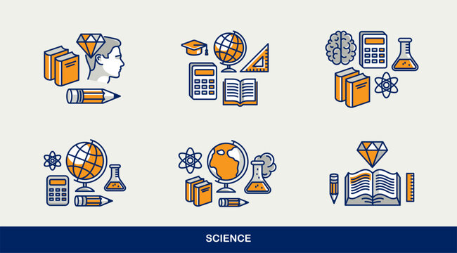 Science and education vector icons set, physics and chemistry, mathematics and geography, research and experiments.