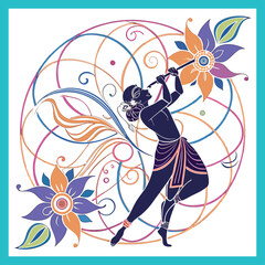 Obraz premium Krishna, Indian mythology, dancing lord, flute player, colorful floral patterns, vector illustration
