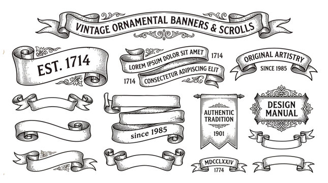 Intricate vintage ornamental banners and scrolls featuring detailed engraving style on a textured aged paper background