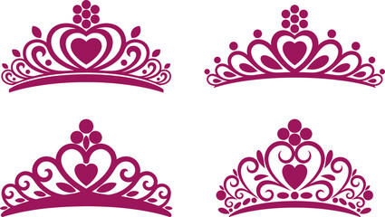 Vector of dark pink tiara silhouettes with heart details, luxury hand drawn princess diadem icons collection, elegant bridal hair decoration layout asset design doodle element © Mst