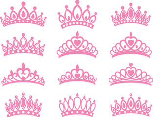 Vector set of pointy pink princess crown silhouettes pack, simple hand drawn little girl diadem graphics bundle, cute isolated flat celebration layout asset design doodle element © Mst