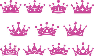 Vector set of magenta pink royal crown silhouettes collection with tiny star and heart cutouts, luxury hand drawn imperial diadem graphic layout asset design doodle element © Mst
