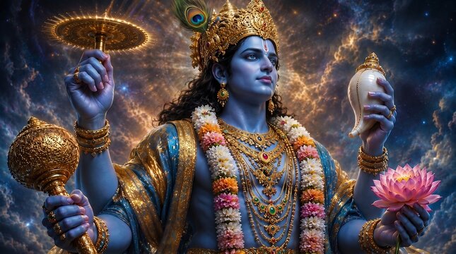 Divine Lord Vishnu Mahavishnu Narayana with Sudarshana Chakra, Shankha, Gada and Lotus, Ultra Realistic Hindu Deity, Cosmic Celestial Universe, Sacred Spiritual Mythology Digital Art Illustration