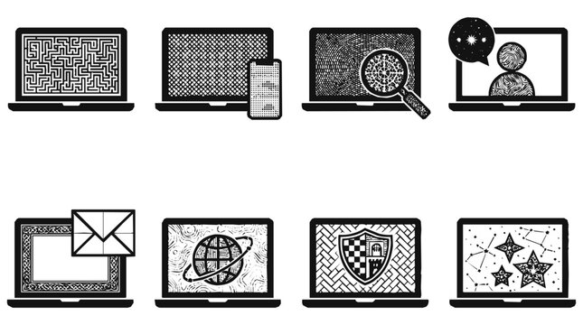 Hand-drawn laptop digital icon set featuring concepts like internet security, global communication, and search functions in a textured woodcut