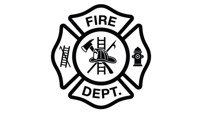 A black and white vector illustration of a traditional fire department emblem with professional icons
