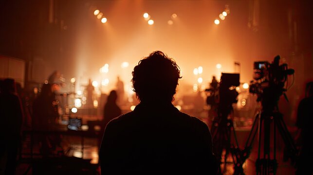 Silhouetted figure watches vibrant stage performance with multiple cameras