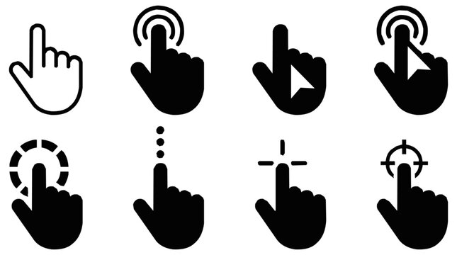 Collection of hand cursor icons including a click pointer, touch gesture, mouse arrow, and finger press for interactive web UI navigation and mobile