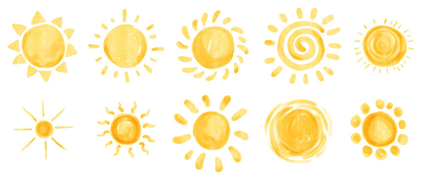 Cute yellow sun watercolor collection, hand drawn doodle sunshine elements for summer design