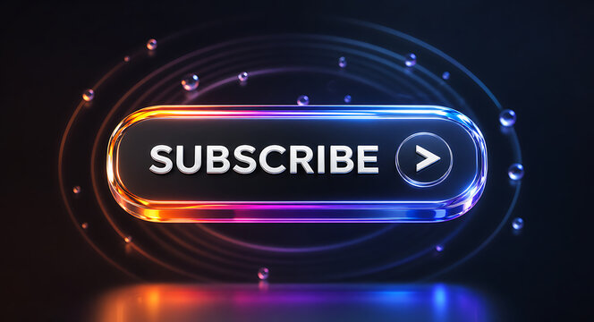 Neon subscribe button glows on dark background with colorful lights