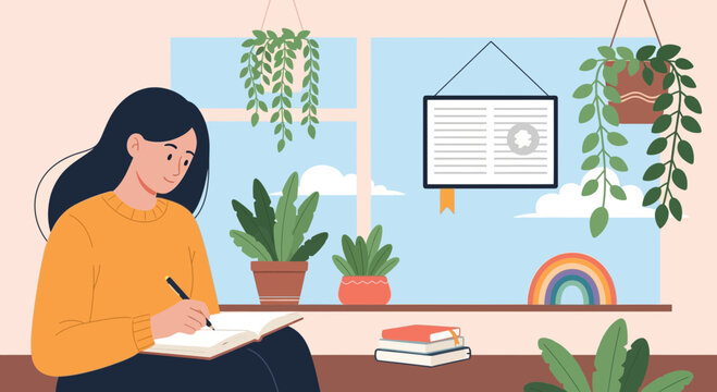 Young woman journaling by a sunny window filled with plants and books