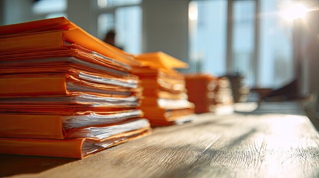 Stacks of orange folders filled with documents sit on a wooden desk