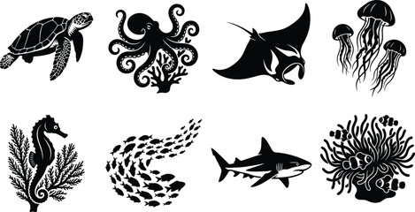 Silhouettes of marine animals including turtle, octopus, manta ray, jellyfish, seahorse, fish, shark, and coral reef illustration design © AshaRani