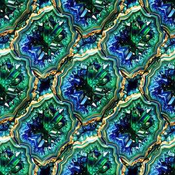 Luxury green agate geode crystal and abstract marble stone seamless pattern