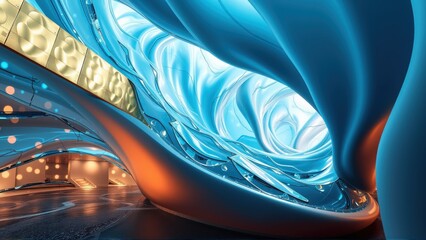 Fototapeta premium Futuristic interior, flowing shapes, vibrant blue lighting, warm orange accents. Modern architecture creates dramatic visual impact.