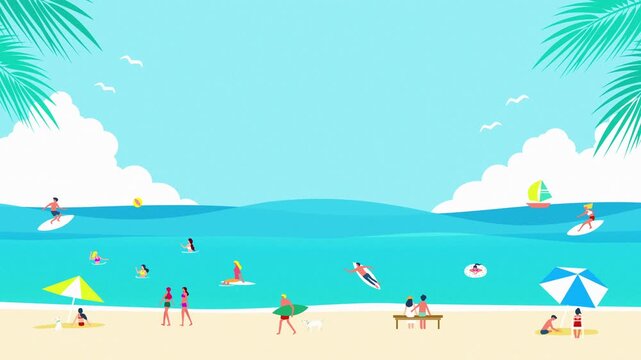 Vibrant blue sky and people by the seaside.Summer background animation. Loop video. Space for text.（TF005）