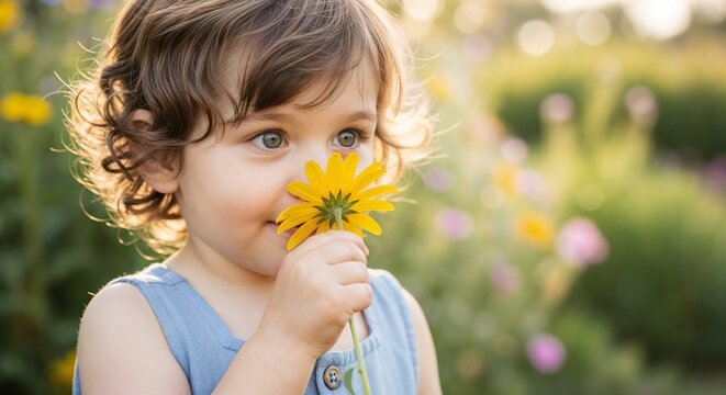 Toddler holding yellow flower near nose in garden, joyful child smiles surrounded by colorful blooms, playful moment captured in nature. Concept of childhood happiness and connection with nature.