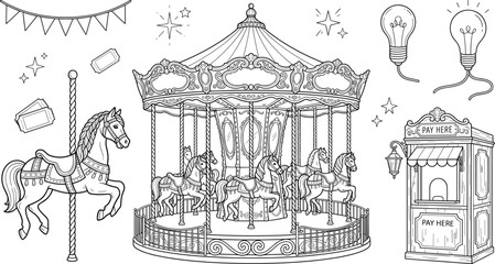 Vintage Carousel Merry Go Round Horse Ticket Booth and Amusement Park Line Art Vector Set © PJ DeSign
