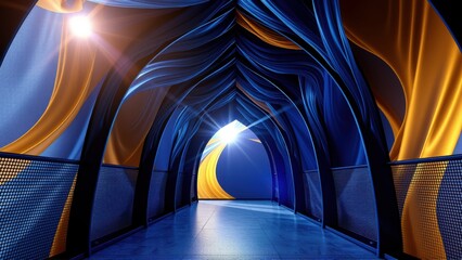 Fototapeta premium Abstract tunnel, flowing shapes, bright light sources. Dramatic curves, cool blues, warm oranges create depth. Futuristic design.