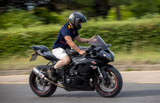 Milton Keynes,Bucks,UK - June 28th 2026:  Man riding a 2012  Kawasaki zx600 rbf motorcycle driving on a British road