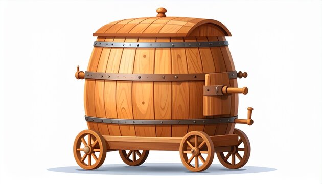 Wooden horse-drawn carriage with metal wheels on white background.