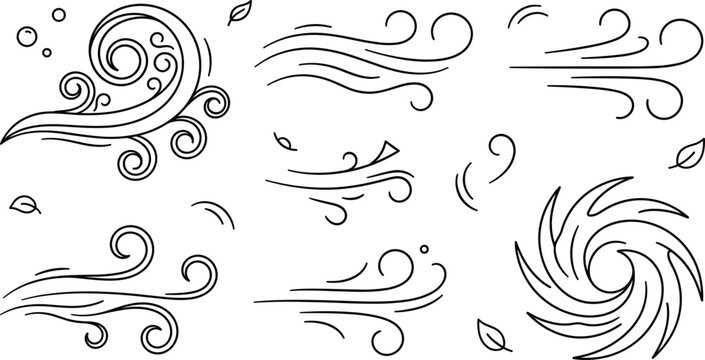 Wind Gusts Blowing Swirls Cyclone and Falling Leaves Line Art Doodle Vector Set