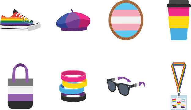 LGBTQ Pride Fashion Accessories and Diverse Community Flag Colors Flat Vector Illustration Set