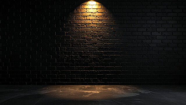 Dark empty studio background with black brick wall illuminated by a spotlight