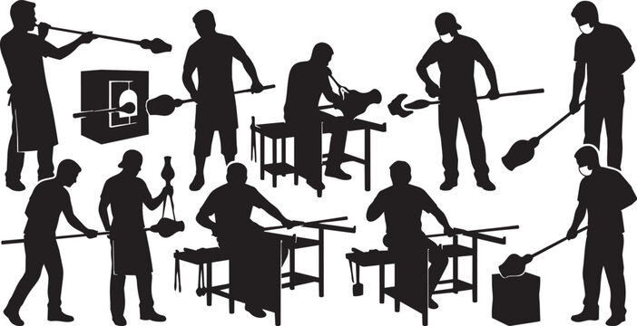 Glassblower Silhouette Collage: A comprehensive collection of silhouettes depicts the intricate craft of glassblowing, showcasing artisans at work with furnaces, tools, and molten glass.