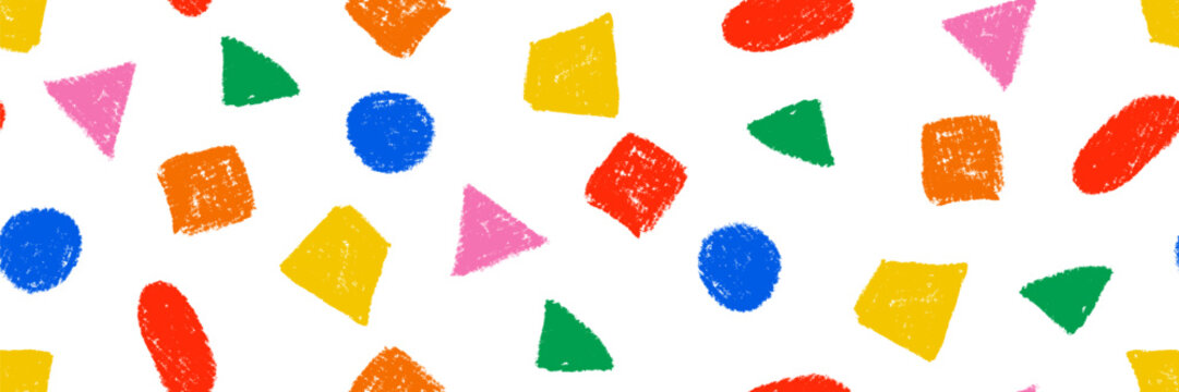 Multicolored crayon geometric shapes seamless pattern. Playful scattered colorful hand drawn rectangle, square, circle, oval, triangle. Naive fun childish vector illustration. Funky print for children