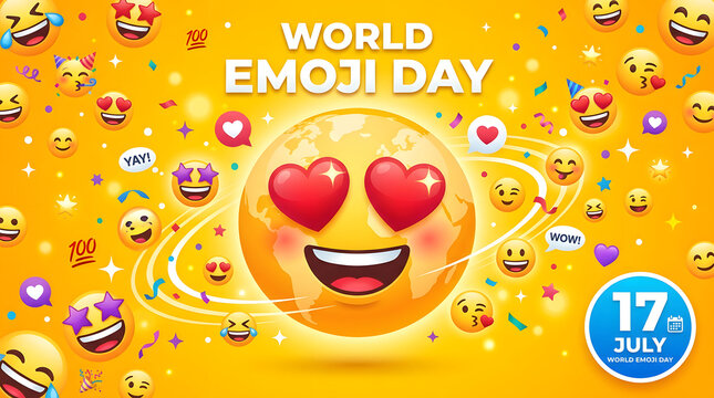World emoji day happy sun with heart eyes and confetti background celebration emoticon confetti