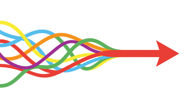 Multiple colorful wavy lines converge into a single bold red arrow pointing toward the right side