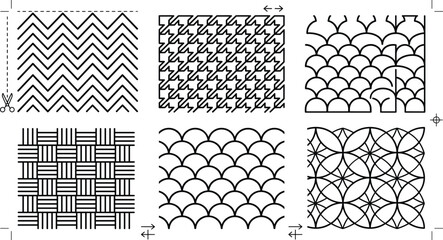 Geometric Seamless Pattern Swatches Chevron Houndstooth Basketweave And Fish Scale Line Art Vector Set © PJ DeSign