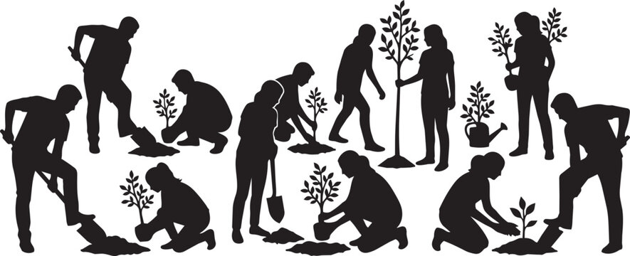 Planting Saplings: A collection of silhouette figures engaged in planting small trees and saplings, representing growth, community effort, and environmental stewardship.