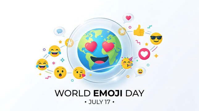 World emoji day celebration concept with heart eyes earth character and various floating icons
