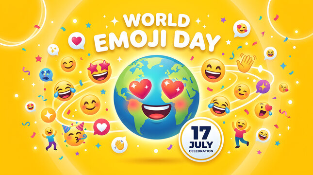 World emoji day celebration with smiling earth and diverse icons celebration emoticon confetti
