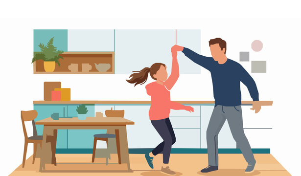 Loving father and preteen daughter laughing and dancing in contemporary kitchen heartwarming family bonding flat vector illustration isolated on white background