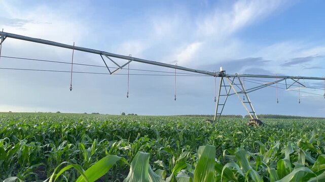 The field of corn shows extensive growth as irrigation systems provide water to the crops. The irrigation setup is crucial for maintaining healthy corn plants in this agricultural area.