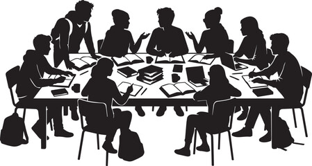 Fototapeta premium Student group silhouette vector, diverse college students studying at a library table, university teamwork and academic collaboration scene