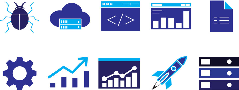 DevOps icon set. Containing cloud server, code window, dashboard, bug icon, gear cog, server stack, rocket launch, file document