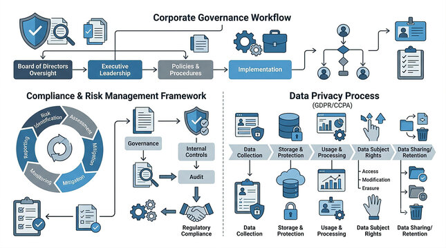 Corporate governance workflow and compliance data privacy management infographic