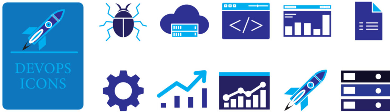 DevOps icon set. Containing cloud server, code window, dashboard, bug icon, gear cog, server stack, rocket launch, file document