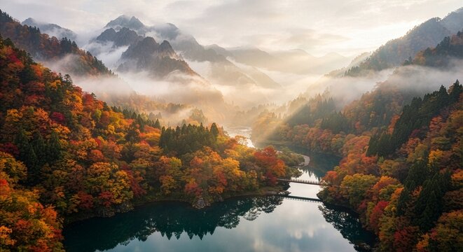 朝霧に包まれた紅葉の山と湖