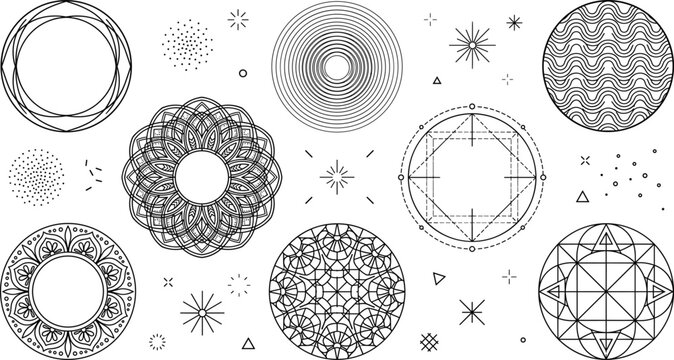 Sacred Geometry Abstract Circular Icon Vector Set For Spiritual Mystical Design Backgrounds