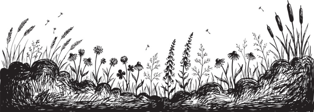 Charcoal doodle scribble in showcasing grass silhouettes wildflower meadow plants cattail reeds bushes. silhouette vector illustration