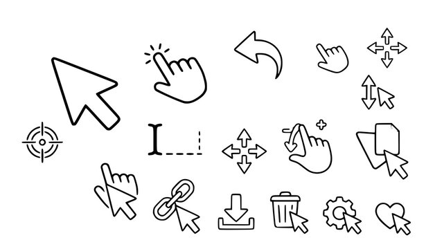 Computer cursor icon collection with arrow hand pointer and mouse click symbols for digital interface design.