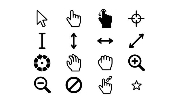 Click cursor icon set with arrow pointers and hand symbols for computer mouse and web navigation design.
