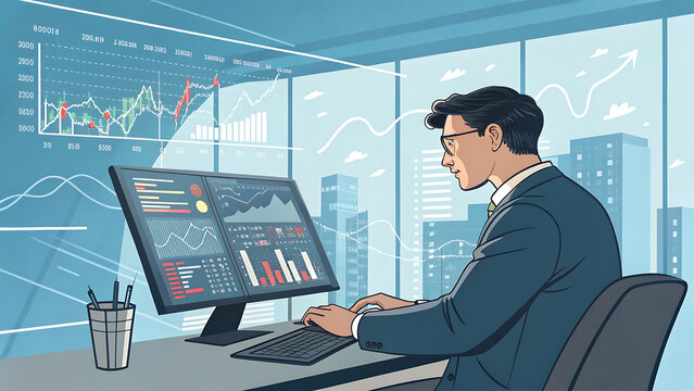Businessman sitting at desk in front of computer with stock market graphs on screen