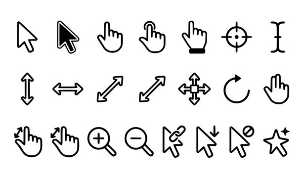 Complete click cursor icon set with arrow hand and mouse pointer symbols for modern UI and web application design.