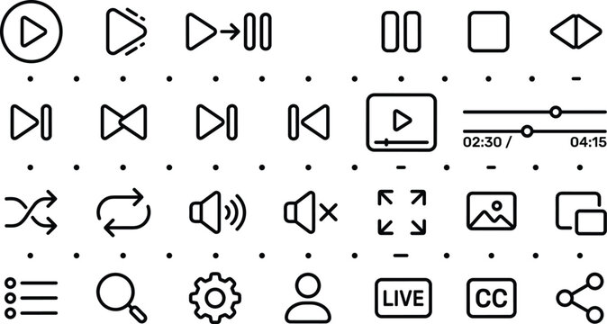 Video Player Media Control Vector Icon Set with Interface Play and Pause Symbols