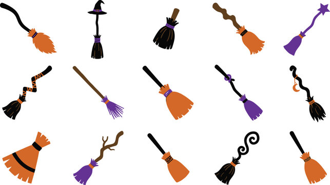Halloween witch broom collection featuring magical flying broomsticks whimsical cartoon objects and flat vector illustration icon set